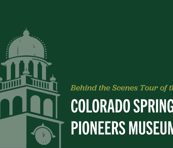Dark green background with silhouette of Colorado Springs Pioneers Museum