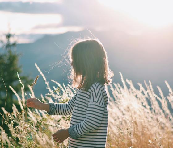 A kid looks at tall grass.