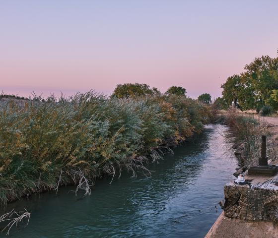 pink dusk sky over irrigation ditch. 